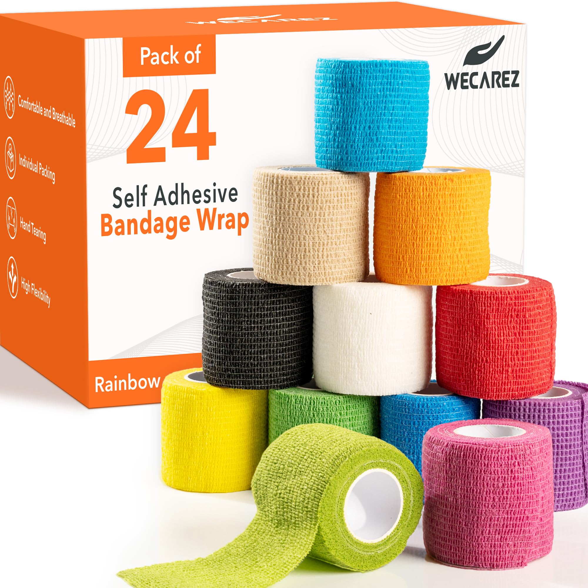 WECAREZ self-adhesive bandage wrap in multi-color rolls showing breathable material.