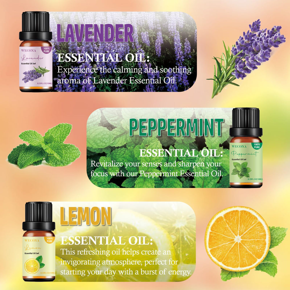Wecona lavender essential oil bottle for diffuser relaxation.
