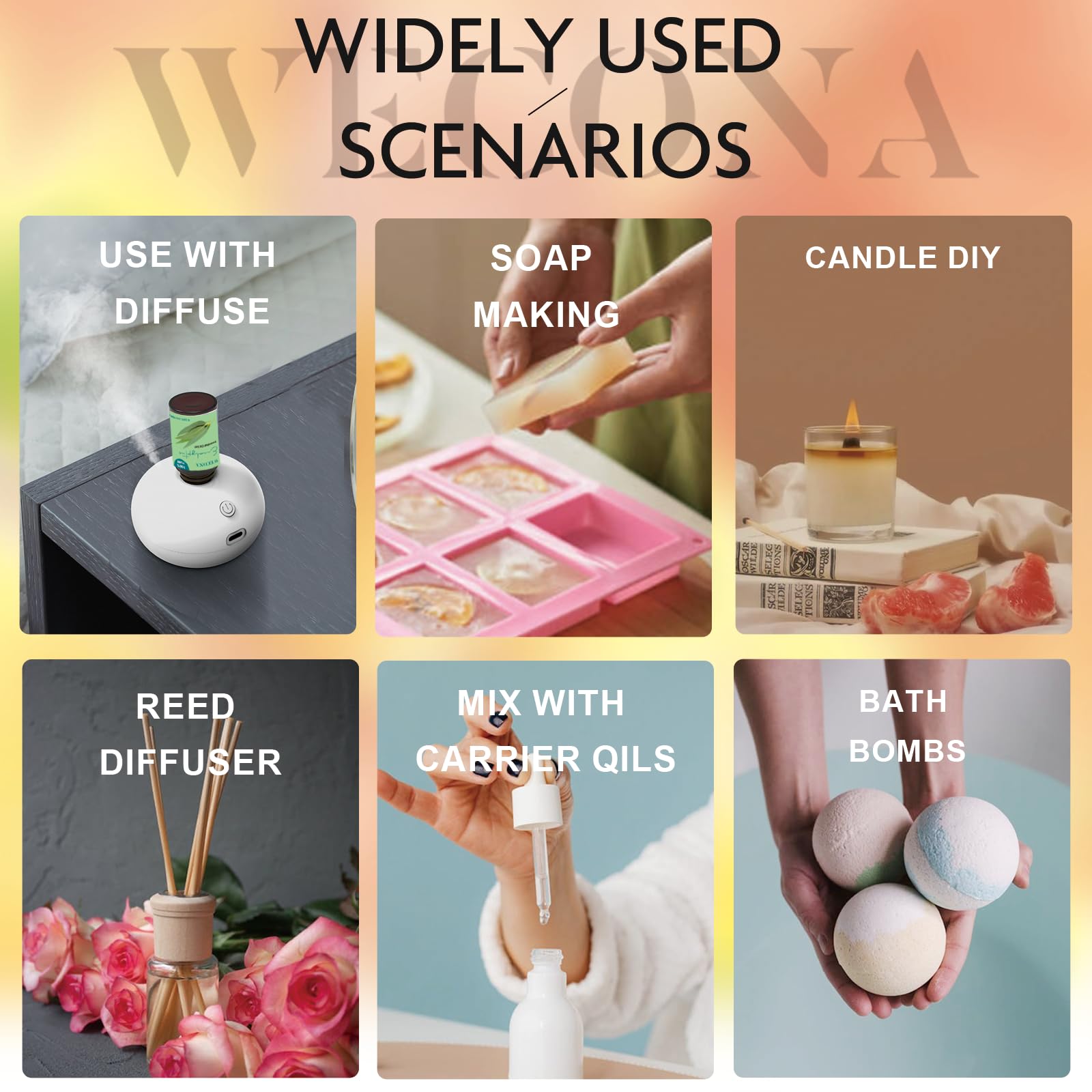 Wecona lemon essential oil bottle for bright cleaning and mood.