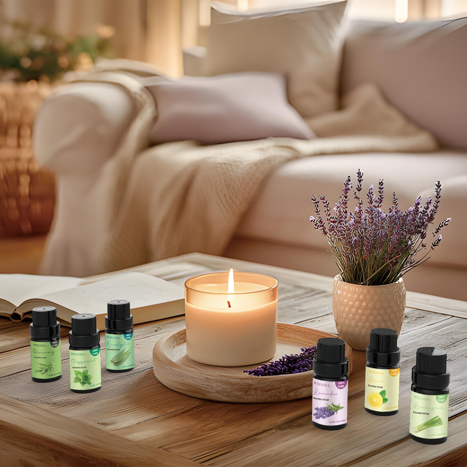 Wecona lemongrass essential oil bottle for uplifting blends.