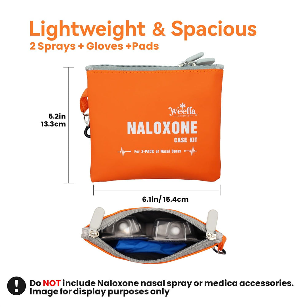 Weefla empty naloxone carry bag bright high-visibility orange for easy spotting.