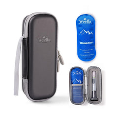 Weefla hard-shell cooler case securely holds a Zepbound pen for travel.