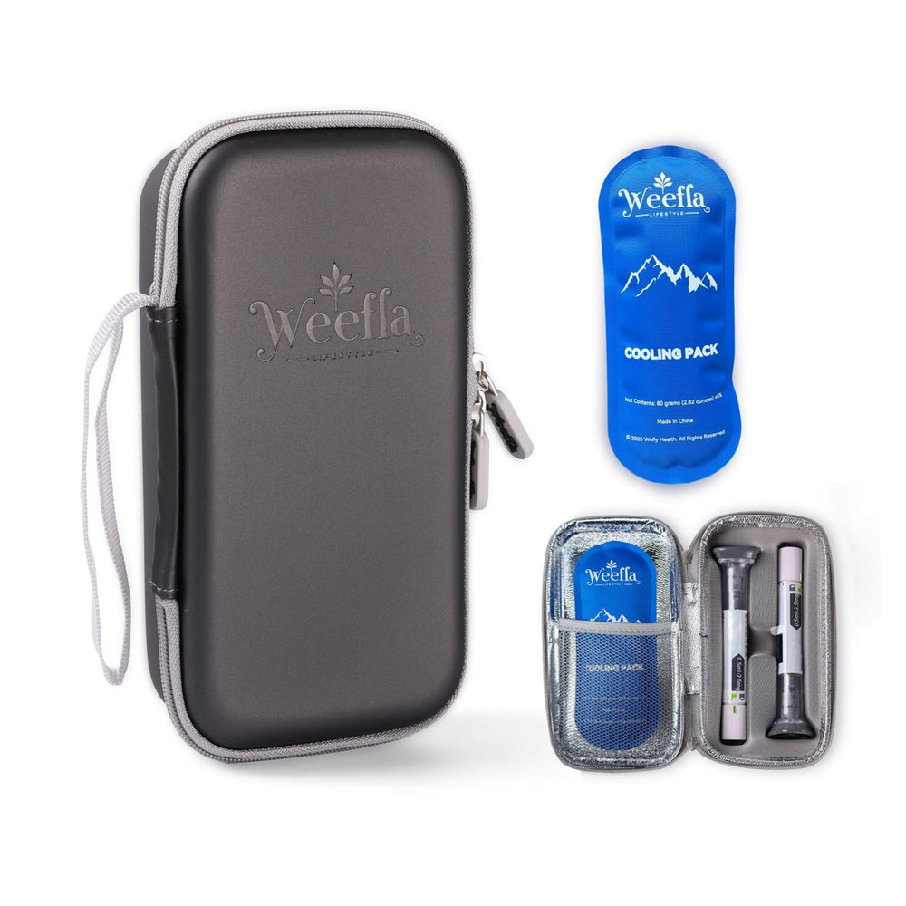 Weefla hard-shell case guarding Zepbound pens during travel with secure, compact storage.