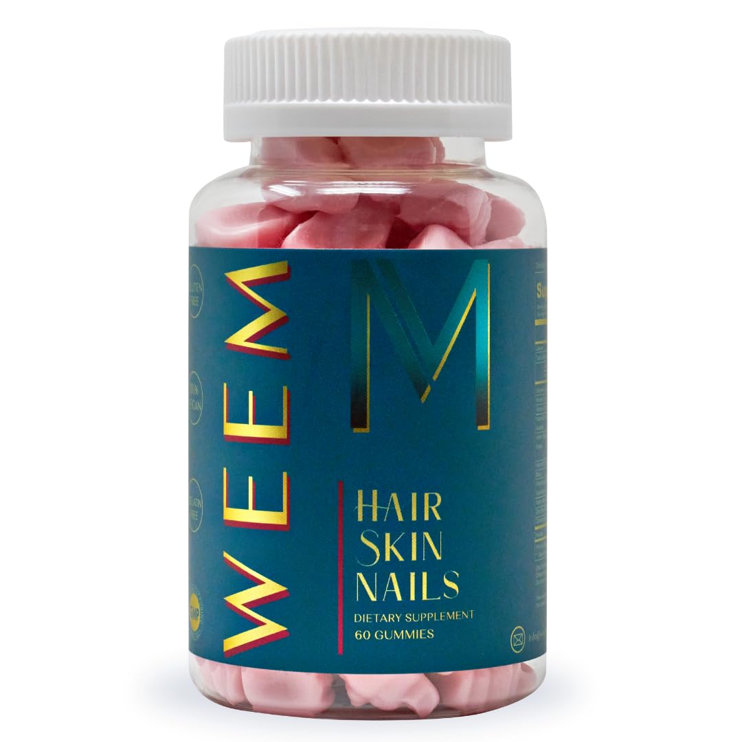 WEEM Hair Skin Nails Gummies bottle pour provides convenient daily wellness support.