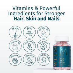 WEEM packaging box emphasizes vegan formula and vitamin blend for daily beauty goals.