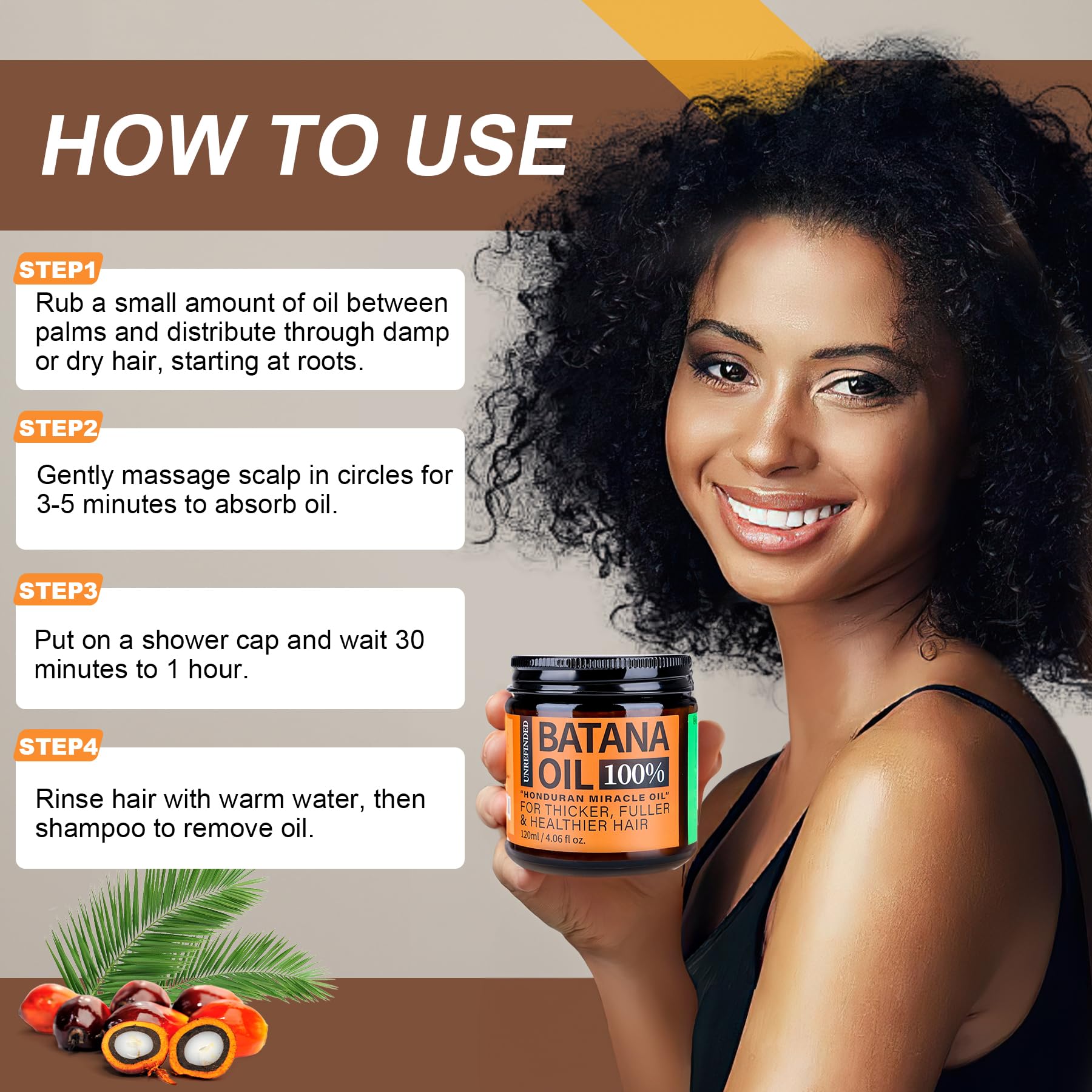 WEEMOTD Batana Oil bottle beside fresh hair signaling healthy growth.