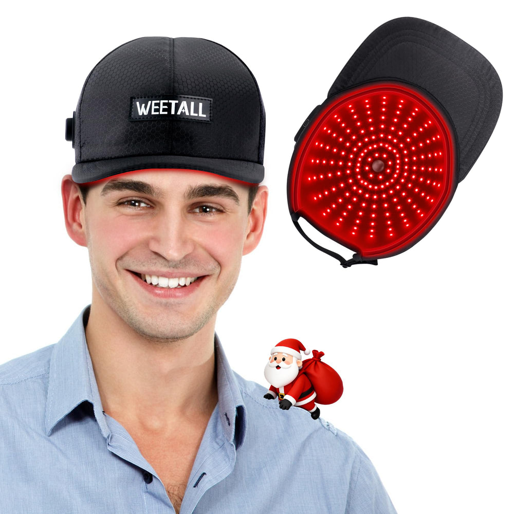 Weetall cordless red-light cap worn on head for at-home care