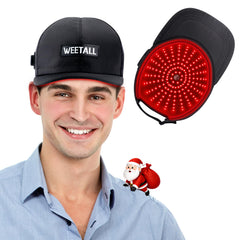 Weetall cordless red-light cap worn on head for at-home care