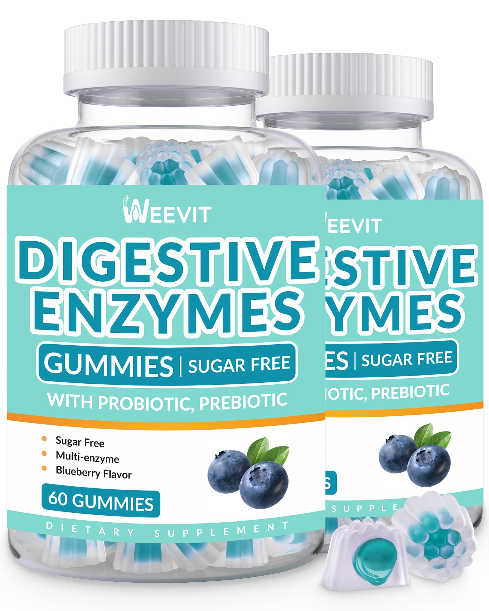 WEEVIT Digestive Enzymes Gummies bottle-front shows vegan, sugar-free formula for easy daily use.