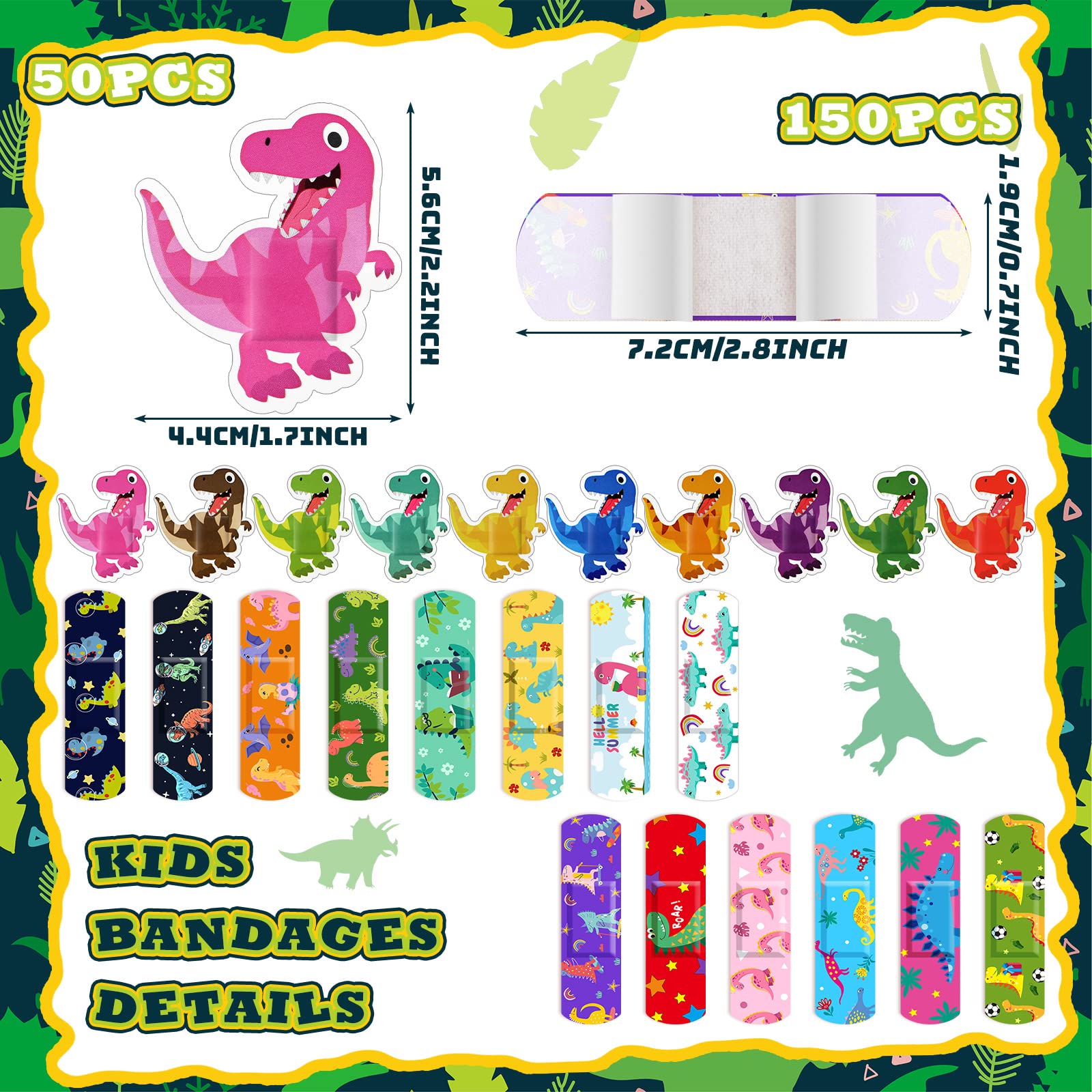 Weewooday kids bandages in dinosaur patterns and assorted colors for school kits.