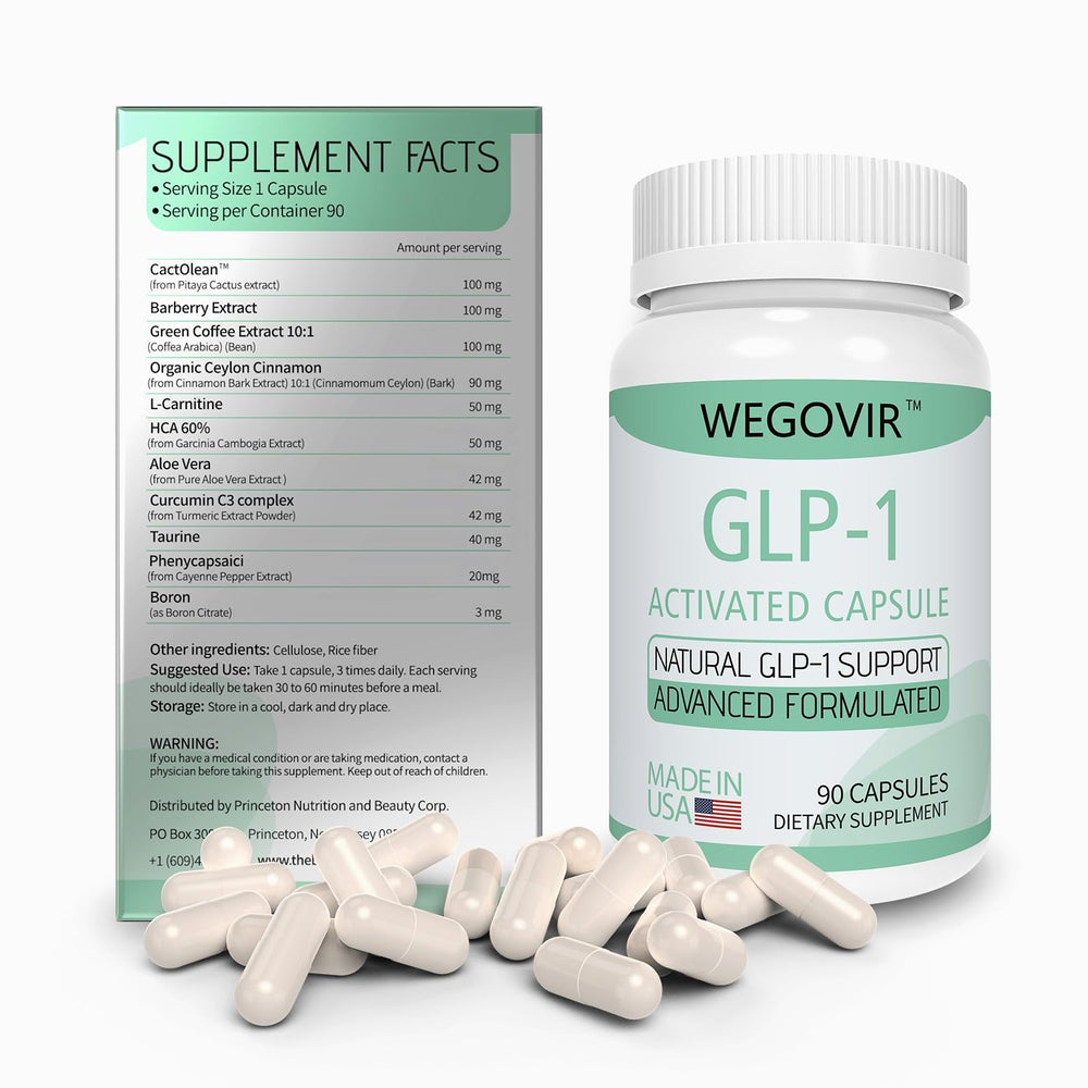 Wegovir GLP-1 bottle beside lifestyle items suggests daily health support.