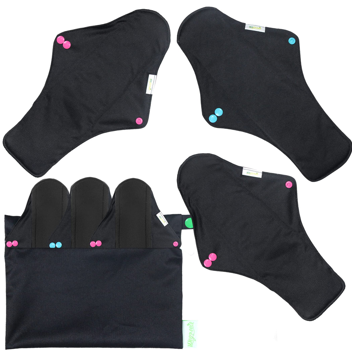 Wegreeco reusable pad outer print in black for daily comfort and discreet wear.