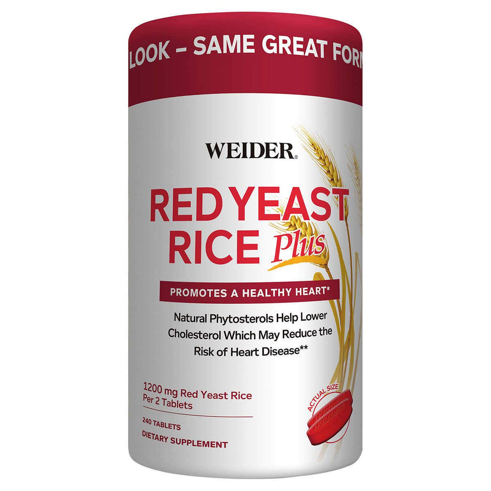 Weider Red Yeast Rice Plus bottle showing a 2-tablet serving for heart support.