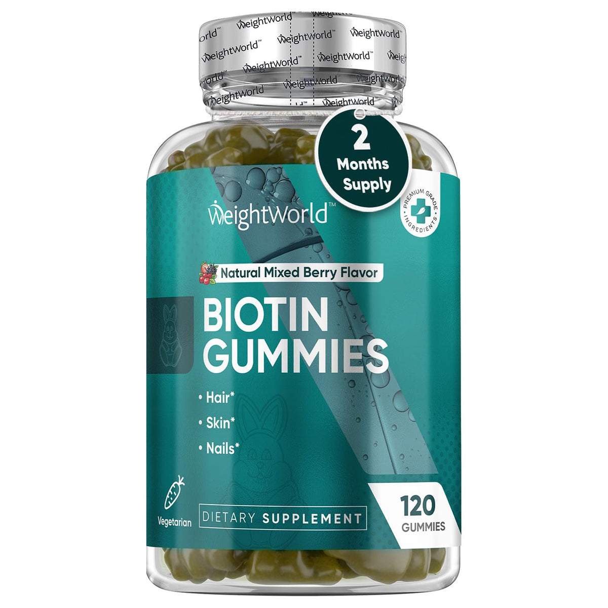 WeightWorld Biotin gummies bottle showing hair, skin and nails support
