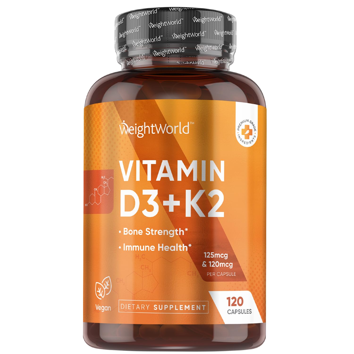 WeightWorld vegan D3 K2 120 capsules bottle front highlights plant-based bone support benefits.