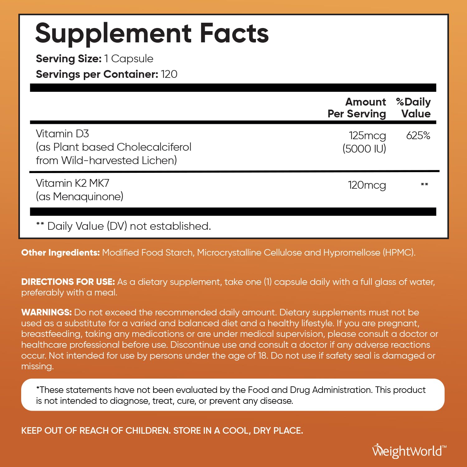WeightWorld vegan D3 K2 bottle back nutrition shows dosage and allergen-free features.