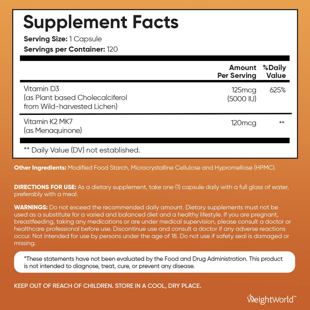 WeightWorld vegan D3 K2 bottle back nutrition shows dosage and allergen-free features.