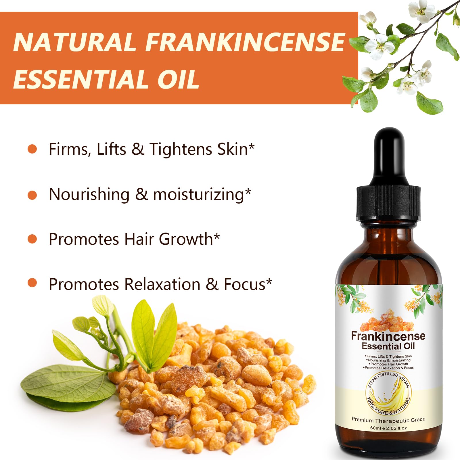 WeiWeiLa Pure Frankincense amber glass bottle emphasizes premium packaging and purity.