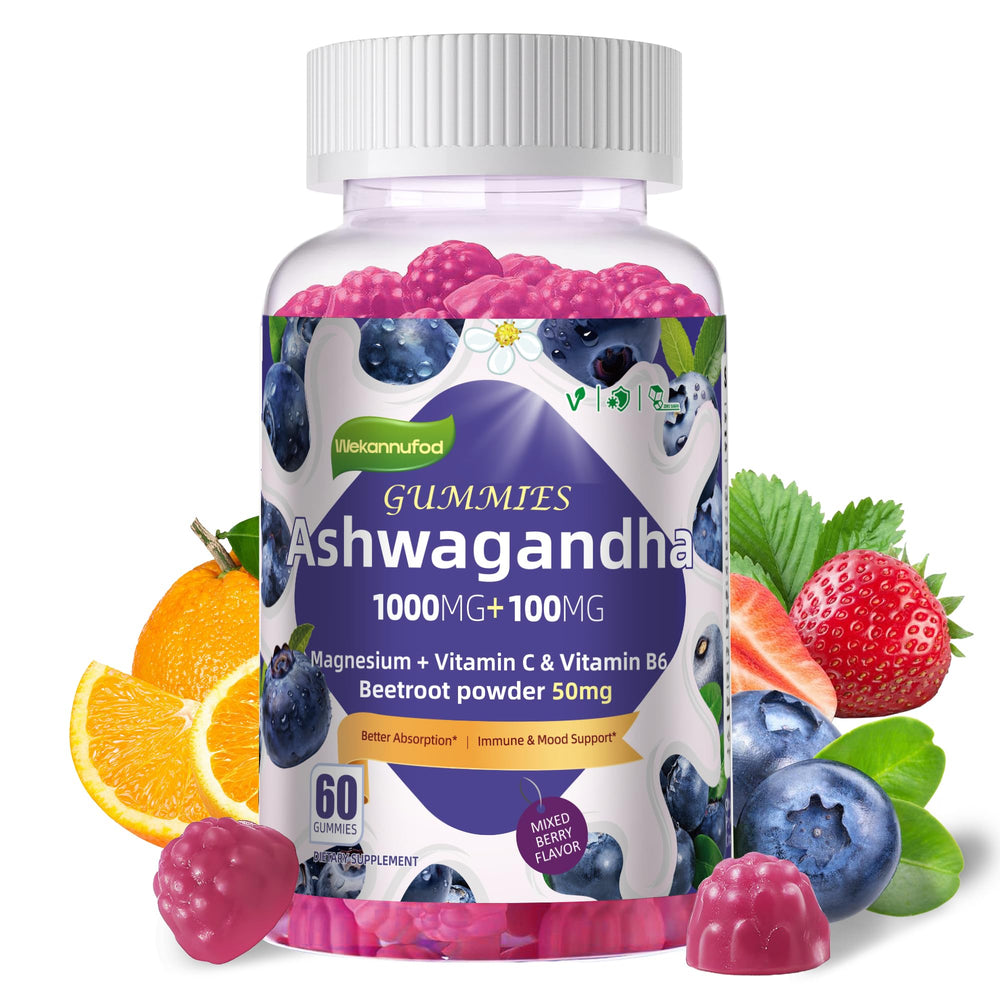 Wekannufod Ashwagandha Gummies bottle highlights convenient daily wellness and vegan formula.