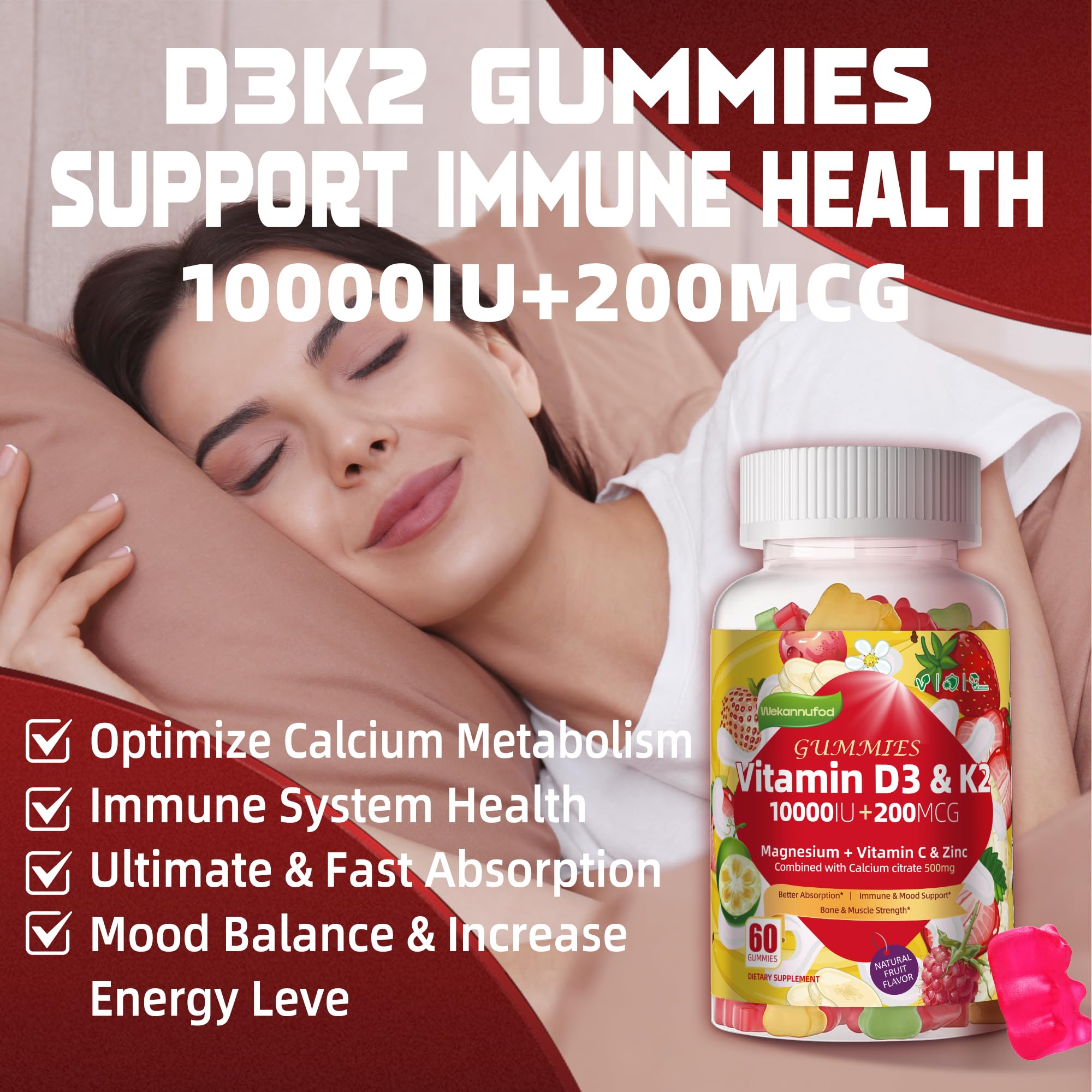 Wekannufod D3K2 gummies being poured into a glass.