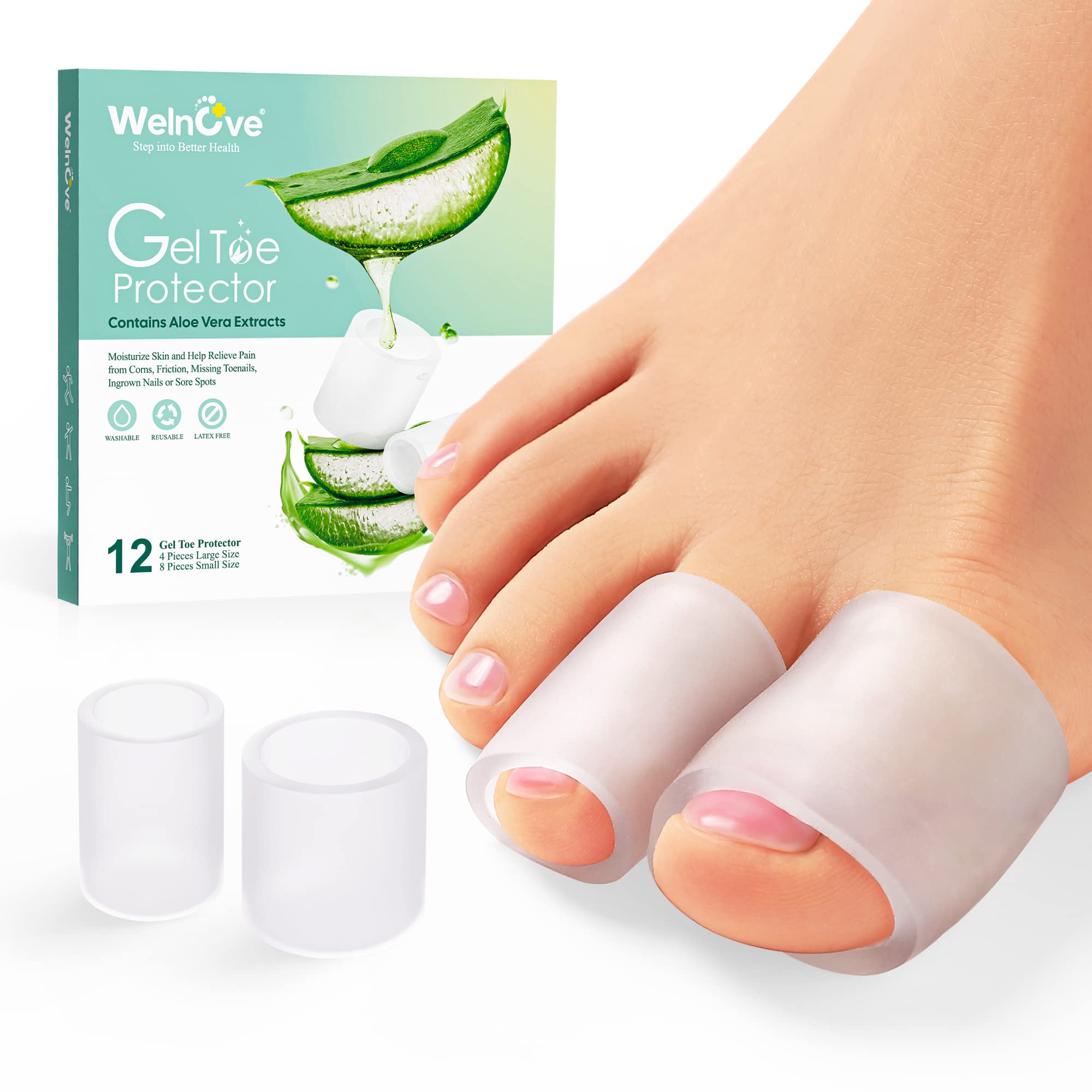 Protector de dedo Welnove con gel Aloe Vera en caja, comodidad para uso diario.