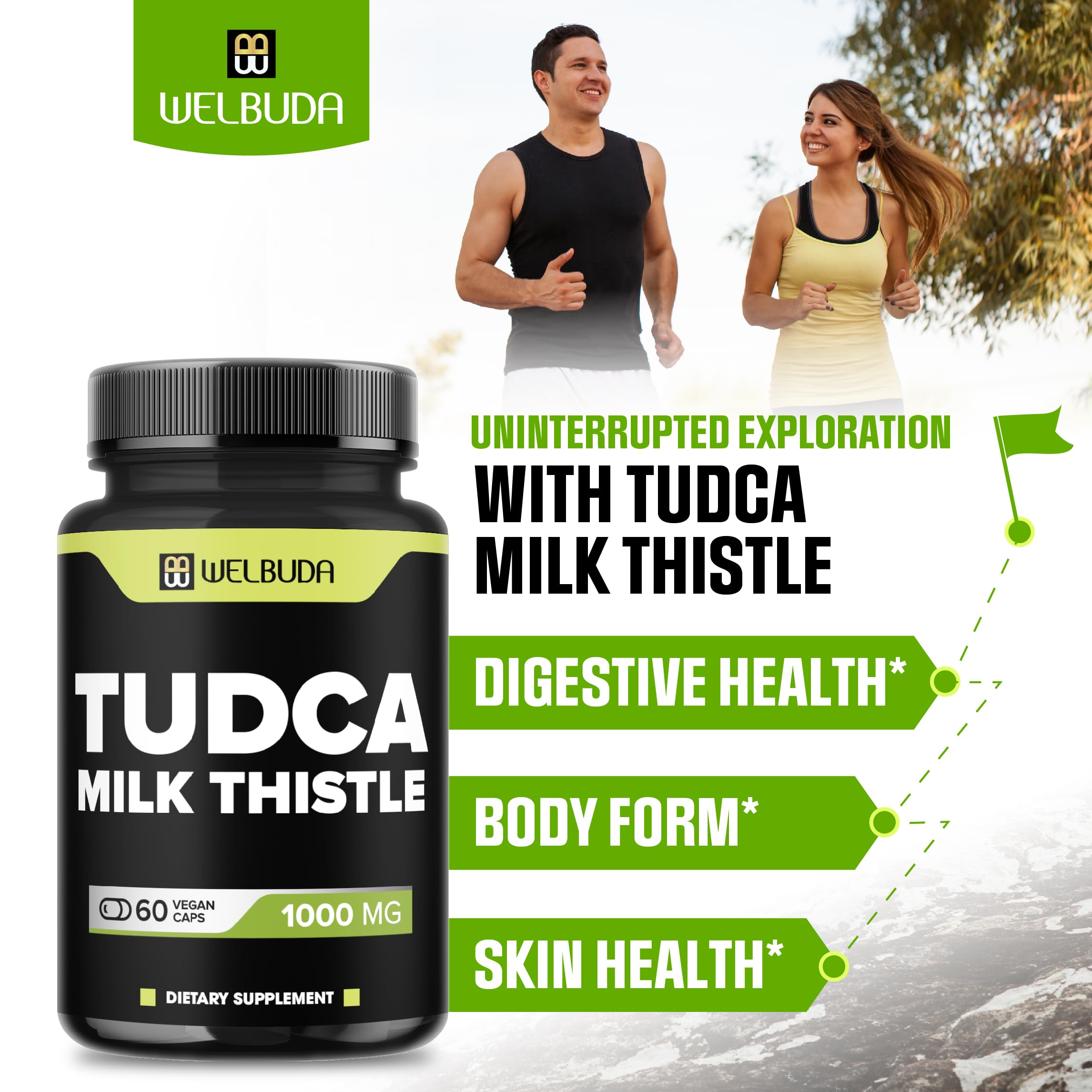 WELBUDA Tudca and Milk Thistle blend close-up, highlighting ingredient transparency and quality.