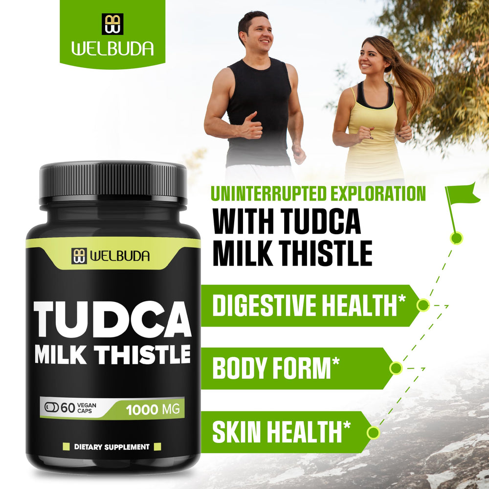 WELBUDA Tudca and Milk Thistle blend close-up, highlighting ingredient transparency and quality.