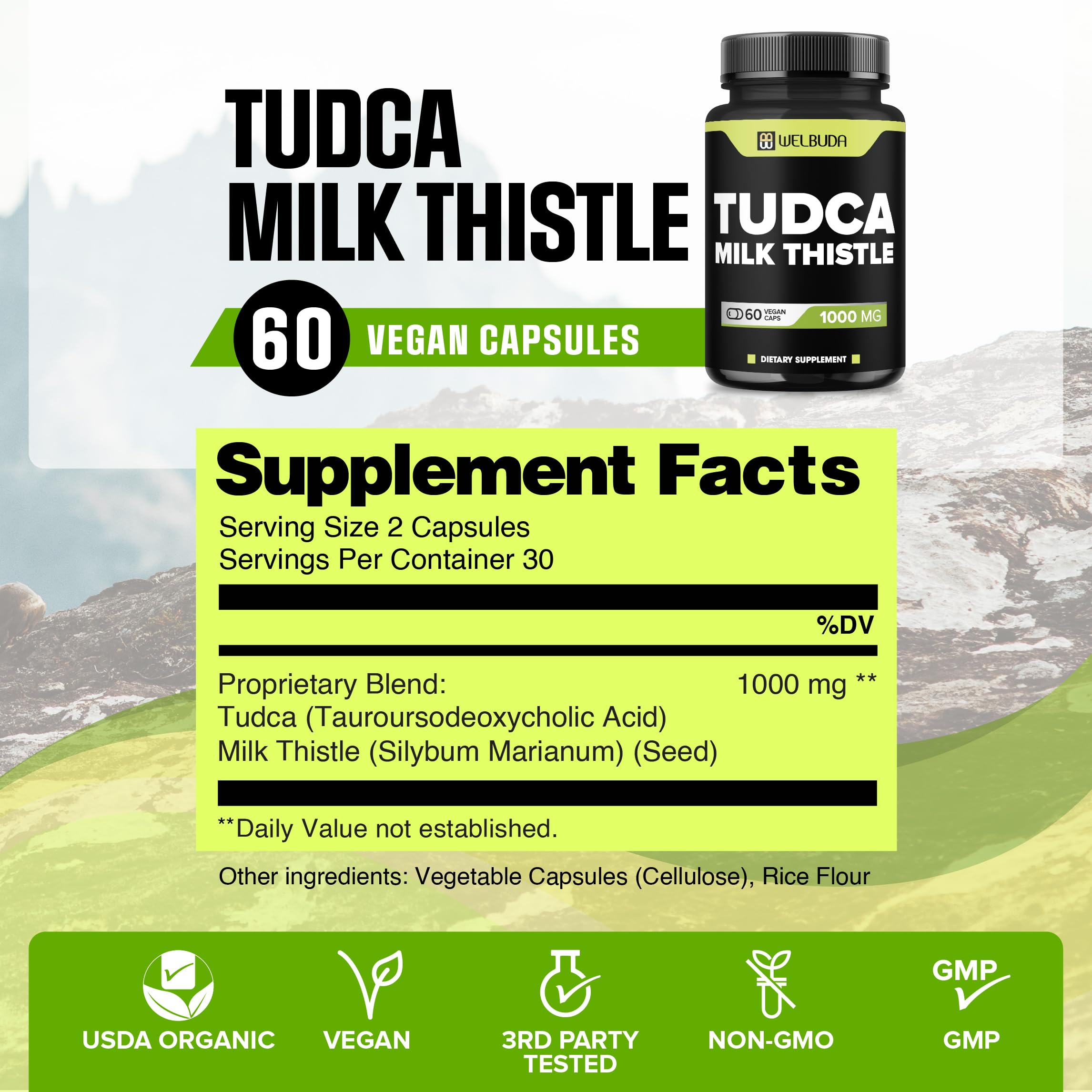 WELBUDA Tudca capsules in a vegan 60-count bottle for daily wellness.
