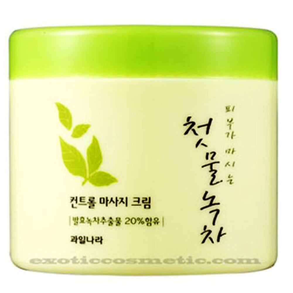 WELCOS Kwailnara Green Tea Control Massage Cream bottle shows silky texture for radiant skin