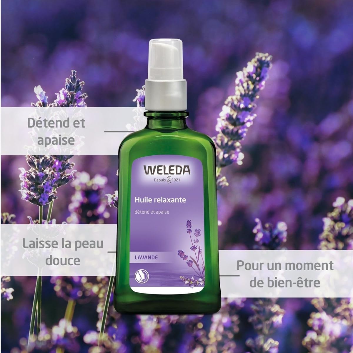 Weleda lavender flowers close-up for calming aromatics.