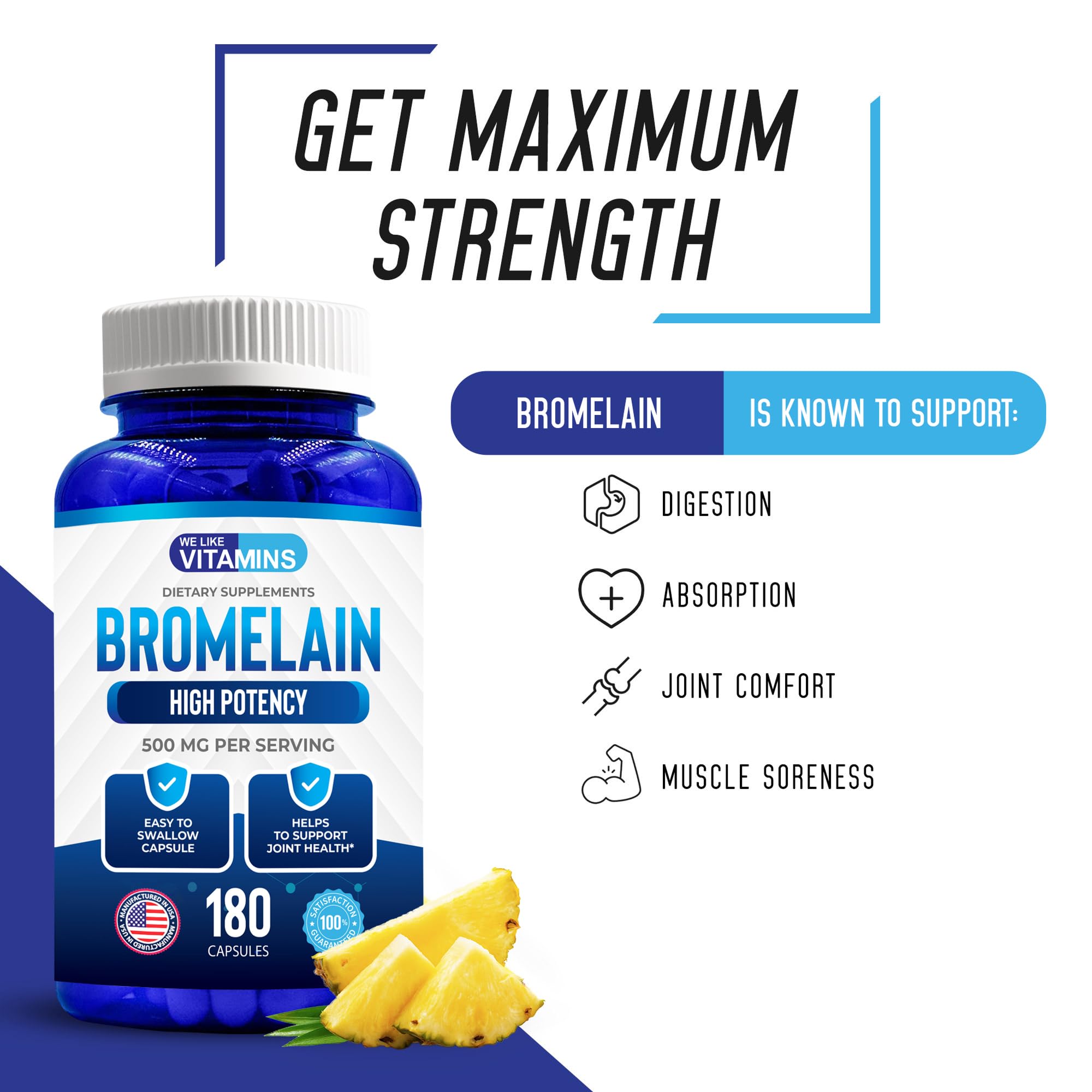 We Like Vitamins Bromelain 180-capsules bottle indicating six-month supply.