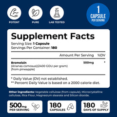Closeup of We Like Vitamins Bromelain capsules showing 500mg per capsule.