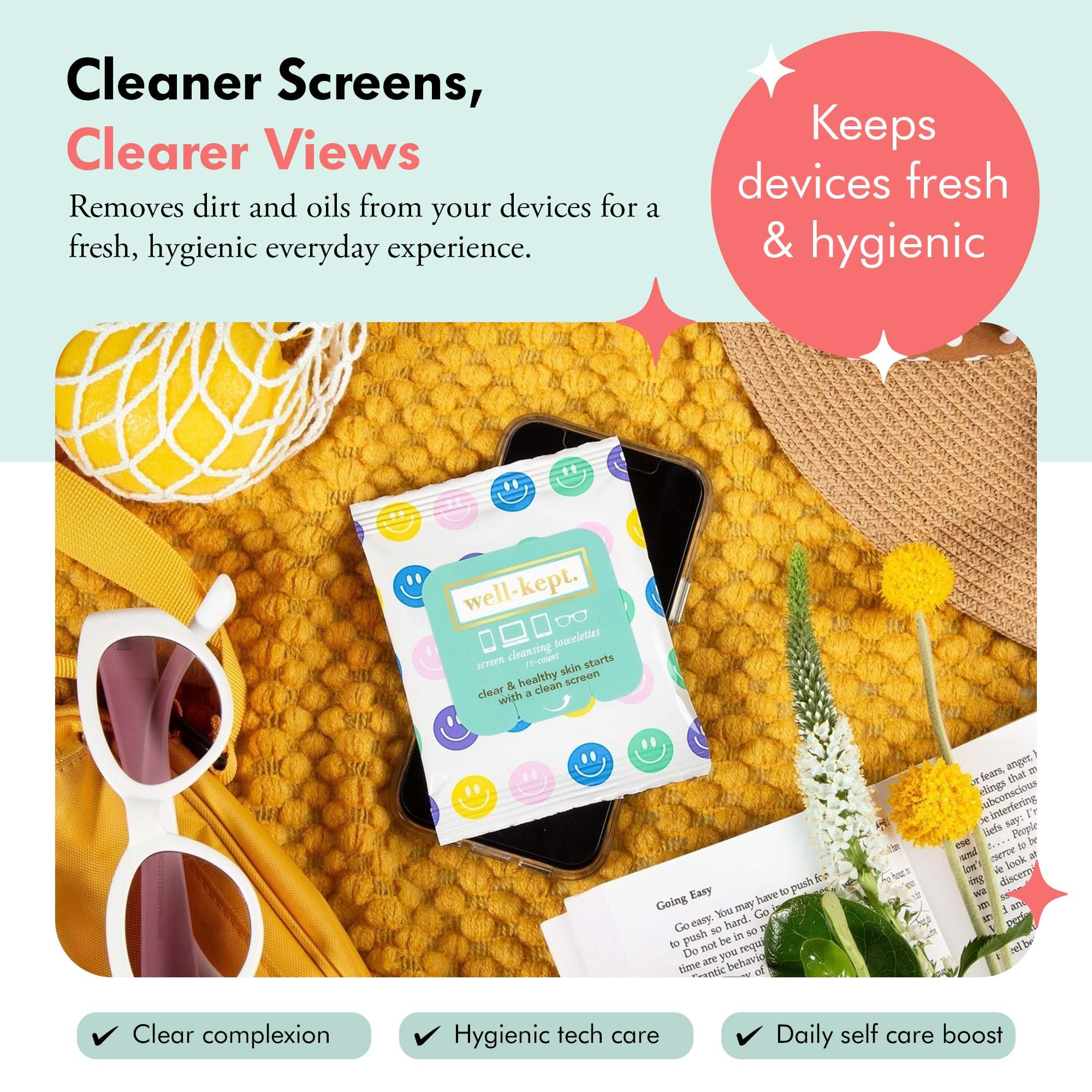 Well-Kept Wipes on eyeglasses for lens-safe, streak-free cleaning