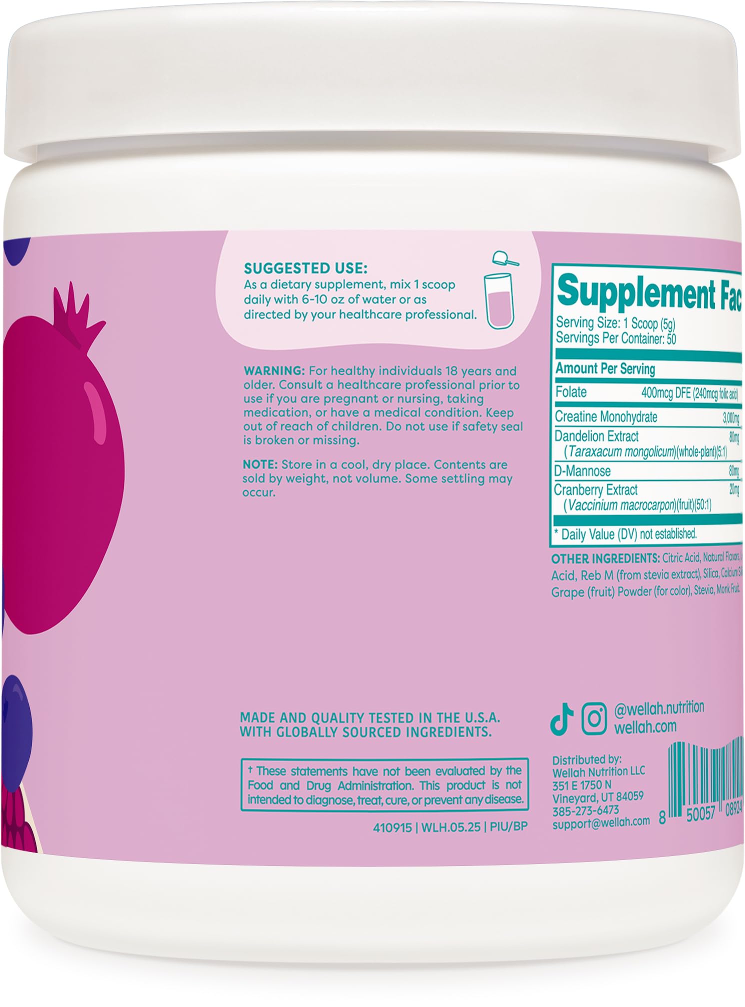 Wellah Creatine with Dandelion Cranberry visual emphasizes natural blend.