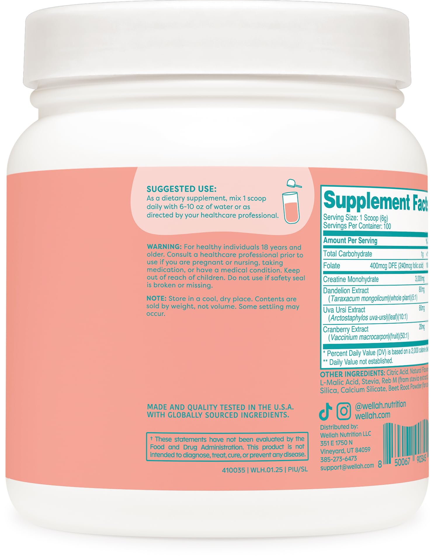 Wellah Creatine for Women ingredients include dandelion and cranberry extract