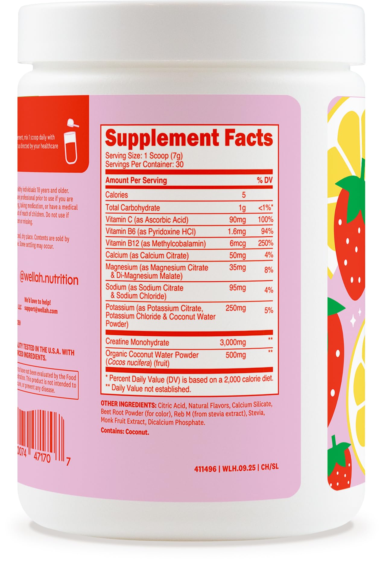 Wellah Creatine + Hydration glass displays Strawberry Lemonade color and refreshing taste.