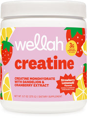 Wellah Creatine Monohydrate bottle displays dandelion and cranberry blend for daily training support.