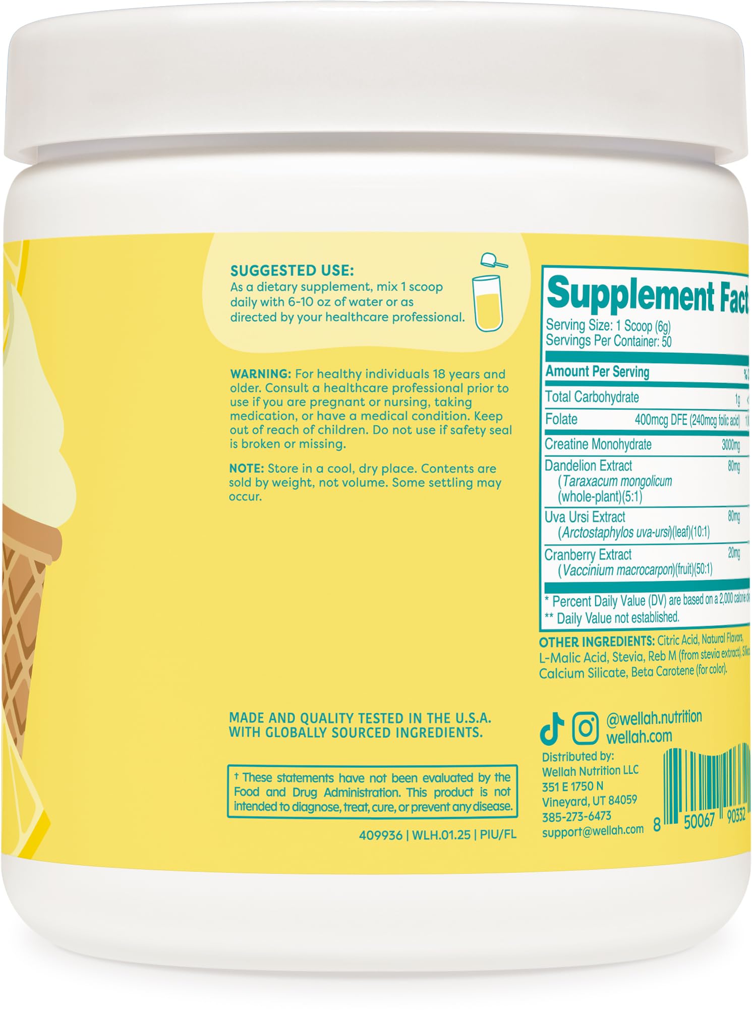 Wellah Creatine monohydrate scoop showing 3 g per serving for workouts.