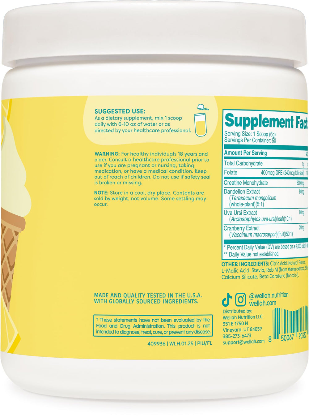 Wellah Creatine monohydrate scoop showing 3 g per serving for workouts.