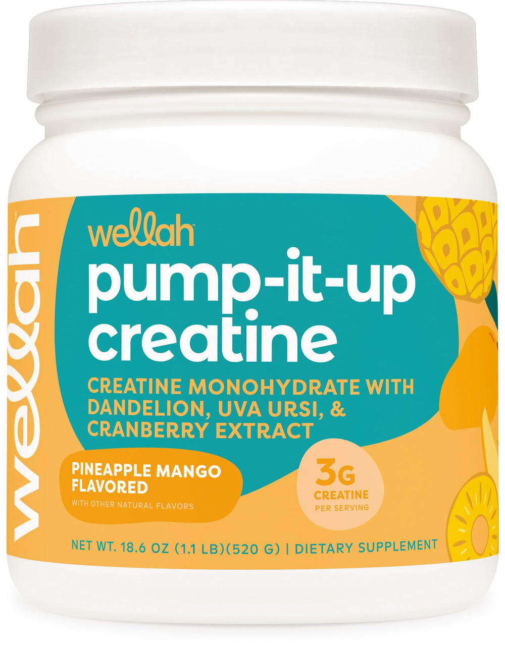 Wellah Creatine for Women bottle label with Pineapple Mango flavor and quality seals.