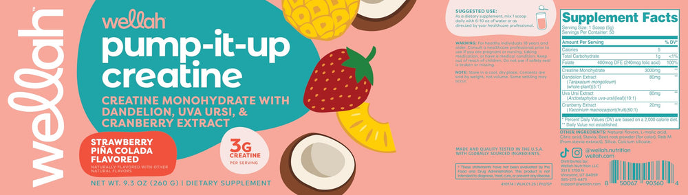 Wellah Creatine for Women cranberry and dandelion blend shown supports daily wellness.