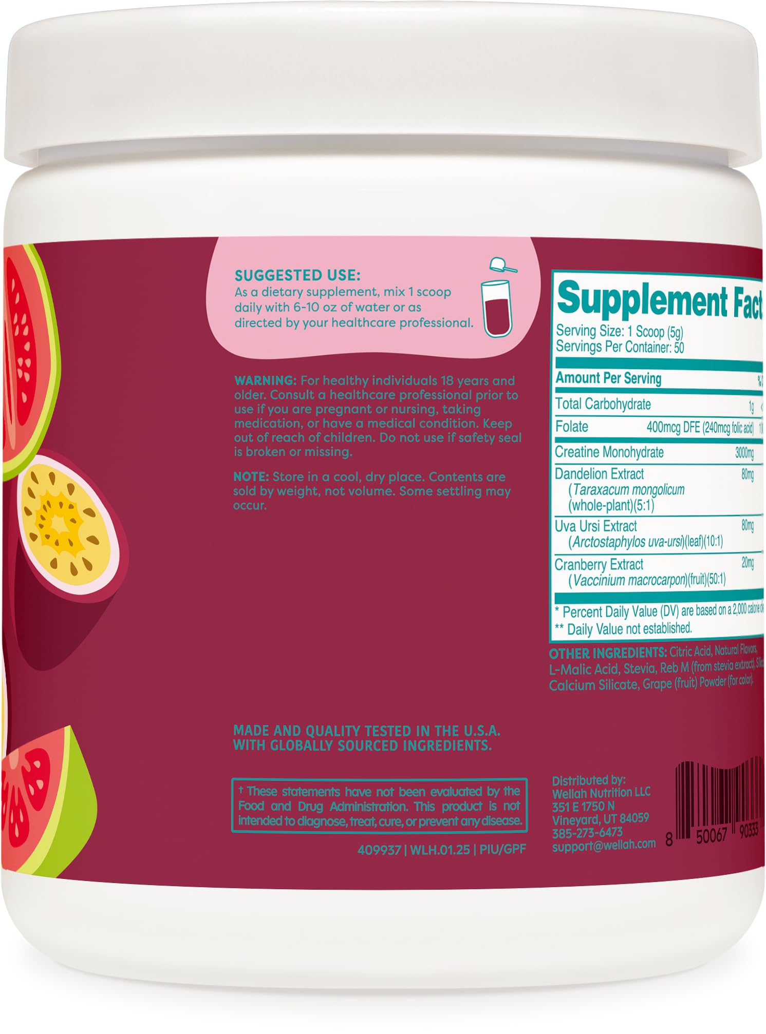 Close-up of dandelion and cranberry ingredients on Wellah label.