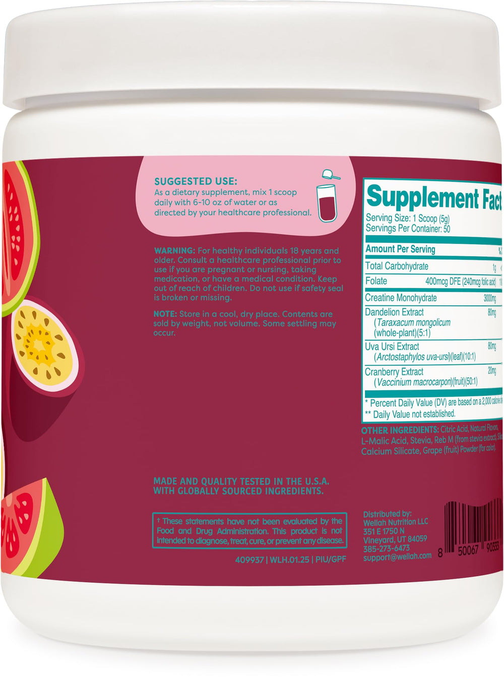 Close-up of dandelion and cranberry ingredients on Wellah label.