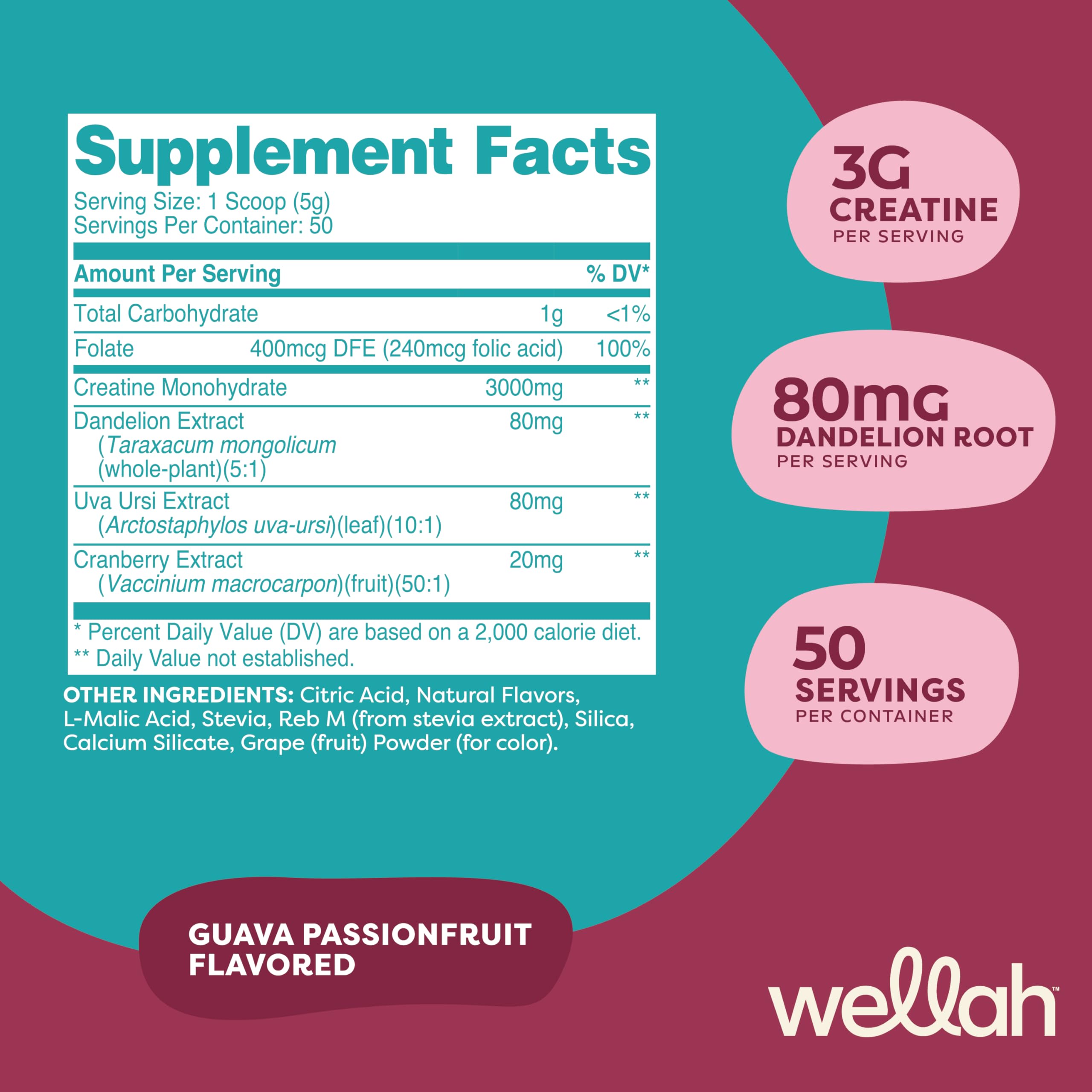 Wellah Creatine for Women scoop showing 3 g per serving for dosing.