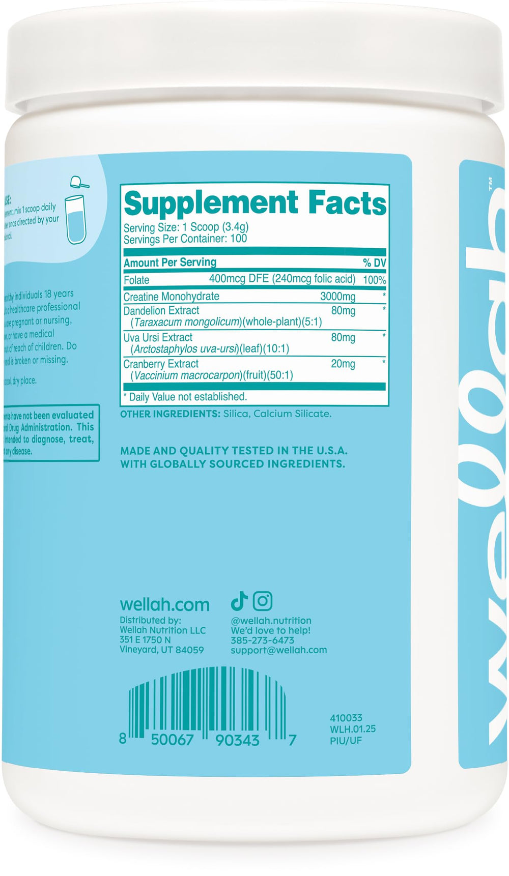 Wellah Creatine ingredients panel featuring creatine monohydrate for strength support.