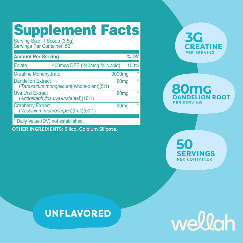 Wellah Creatine for Women scoop and powder ready for mixing with beverages.