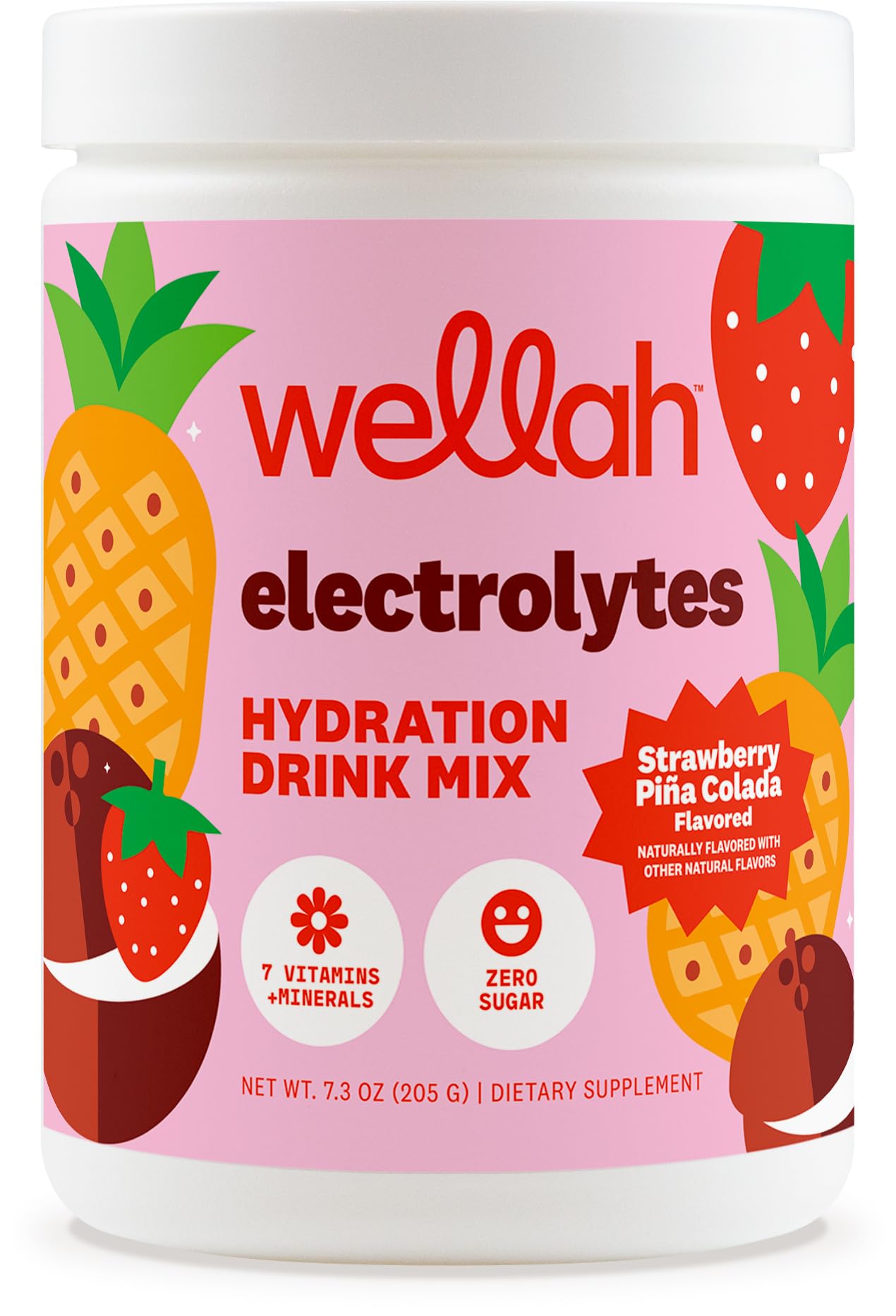 Wellah Electrolytes Powder bottle with Strawberry Pina Colada flavor for refreshing hydration.