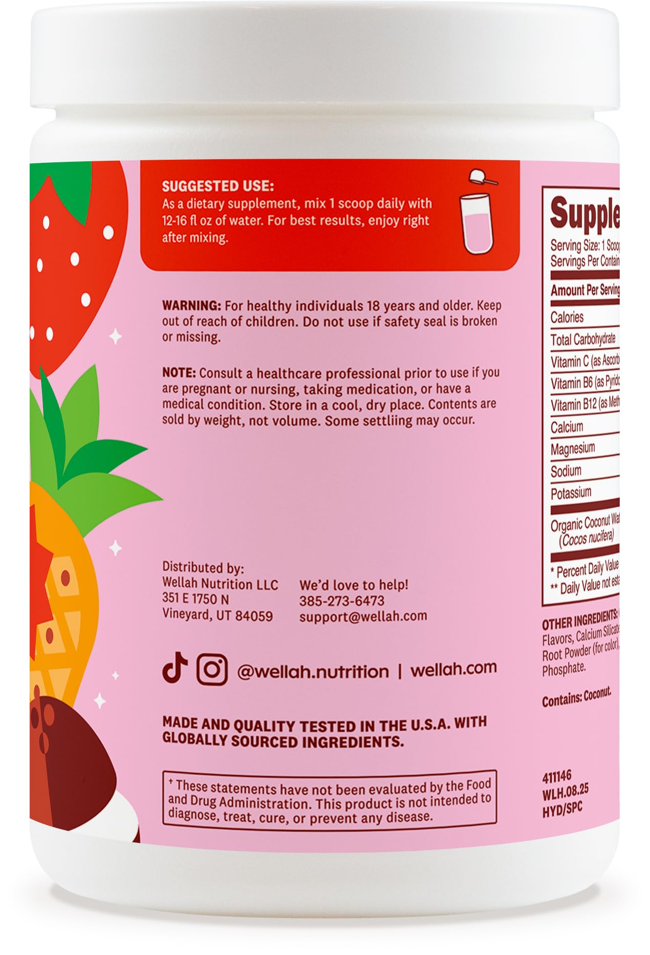 Wellah Electrolytes Powder packaging highlighting zero sugar and 50 servings.