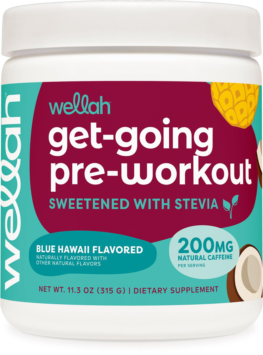 Wellah Get-Going Blue Hawaii bottle showing a refreshing caffeine boost.