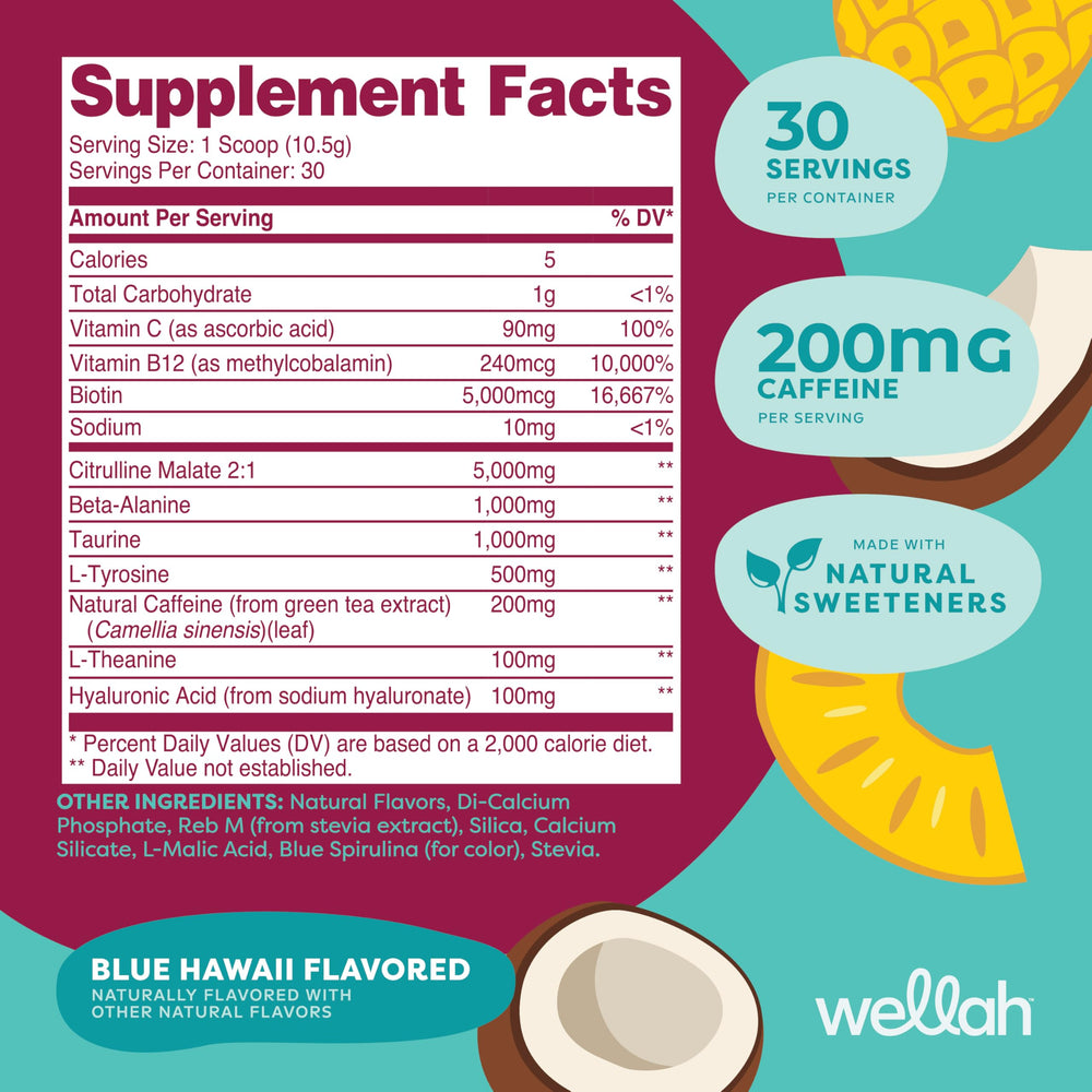 Wellah Get-Going Blue Hawaii drink pour showing a quick, energizing mix.